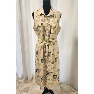 Tropical Al Silk Wooden Button Shirt Dress Large‎ Palm Trees Paradise Sleeveless